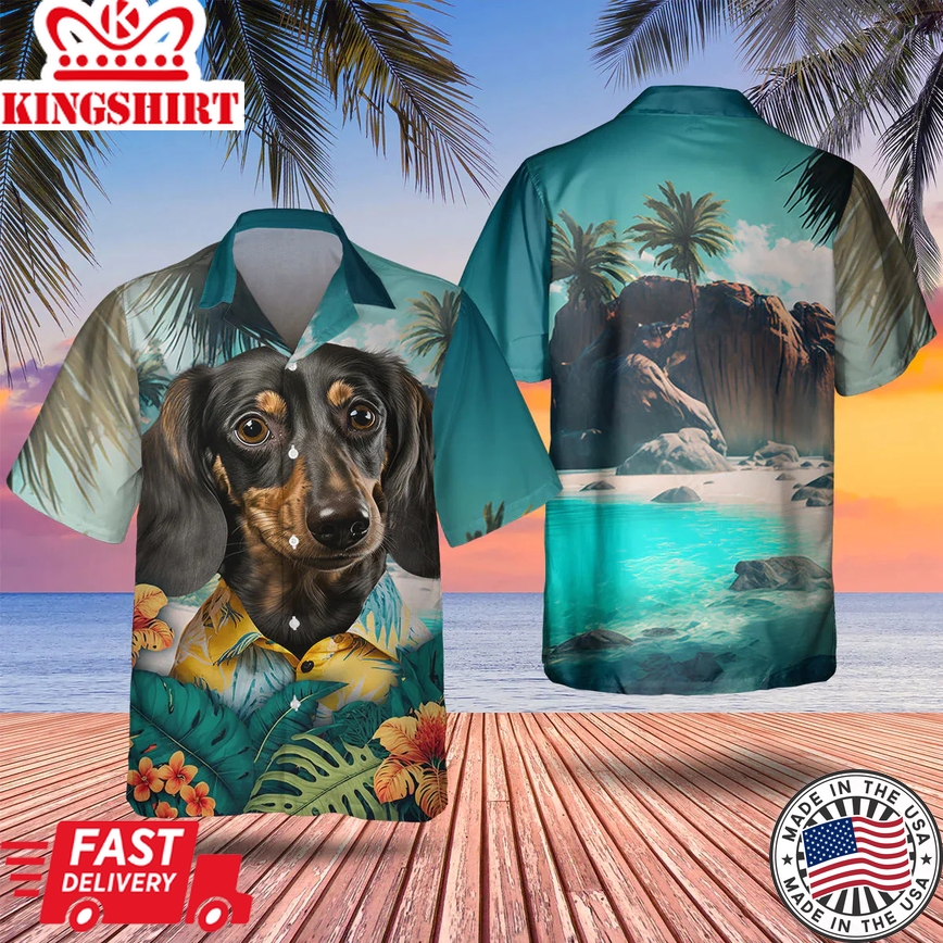 Dachshund 2 3D Tropical Trendy Hawaiian Shirt, Dog Lover Trendy Hawaiian Shirt, Summer Trendy Hawaiian Shirt For Men And Women