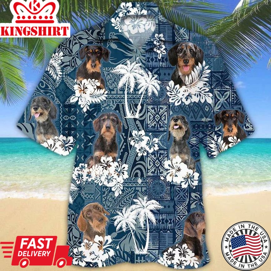 Dachshund 2 Hawaiian Tropical Plants Pattern Blue And White All Over Printed 3D Trendy Hawaiian Shirt