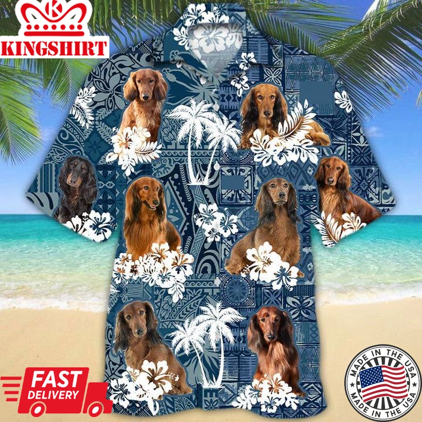 Dachshund 3 Hawaiian Tropical Plants Pattern Blue And White All Over Printed 3D Trendy Hawaiian Shirt