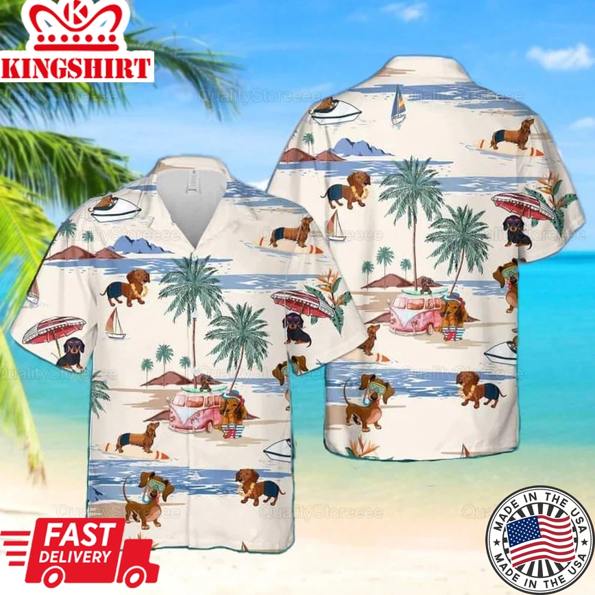 Dachshund Beach Summer Trendy Hawaiian Shirt, Dachshund Button Shirt, Dachshund Beach Shirt