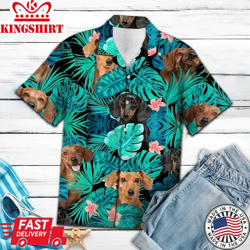 Dachshund Behind Tropical Leave Trendy Hawaiian Shirt