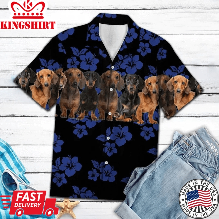 Dachshund Dogs With Blue Hibiscus In Black Trendy Hawaiian Shirt For Men And Women, Gift For Dog Lovers