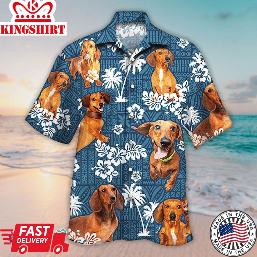 Dachshund Hawaiian Shirt Dog Lovers Blue Tribal Palm, Aloha Hawaiian Shirts