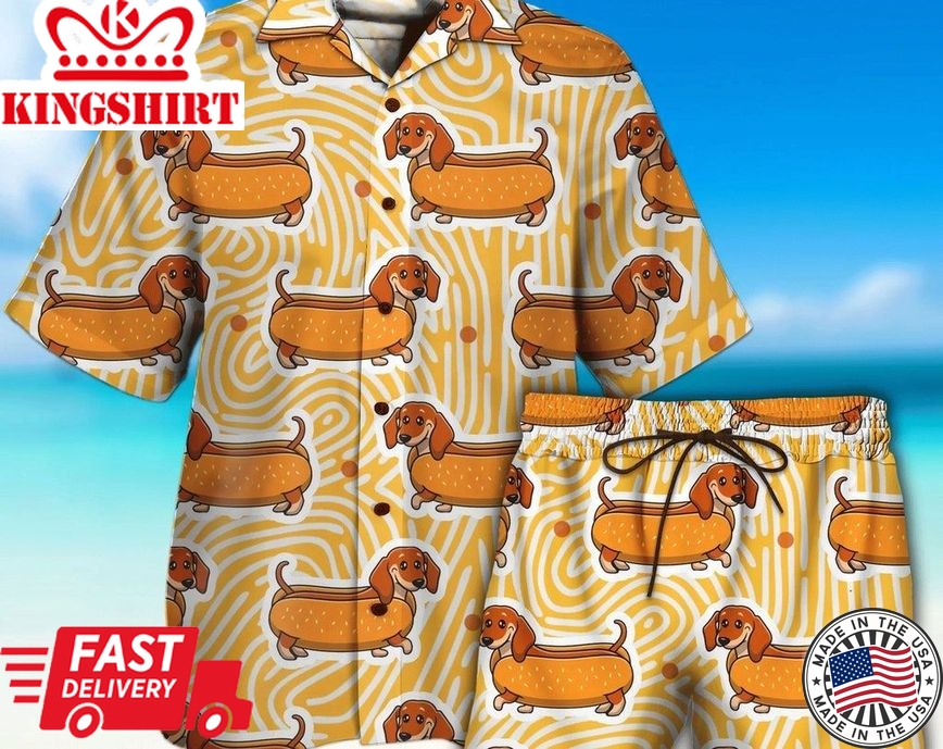 Dachshund Hot Dog 3D All Over Printed Trendy Hawaiian Shirt And Short, Tropical Beach Shirt Button Down Shirt, Birthday Presents, Hawaiian Set Gift