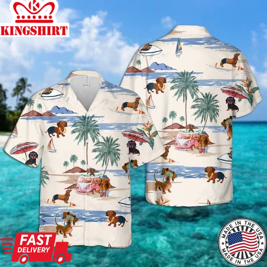 Dachshund Summer Beach Trendy Hawaiian Shirt, Dog Beach Short Sleeve Trendy Hawaiian Shirt