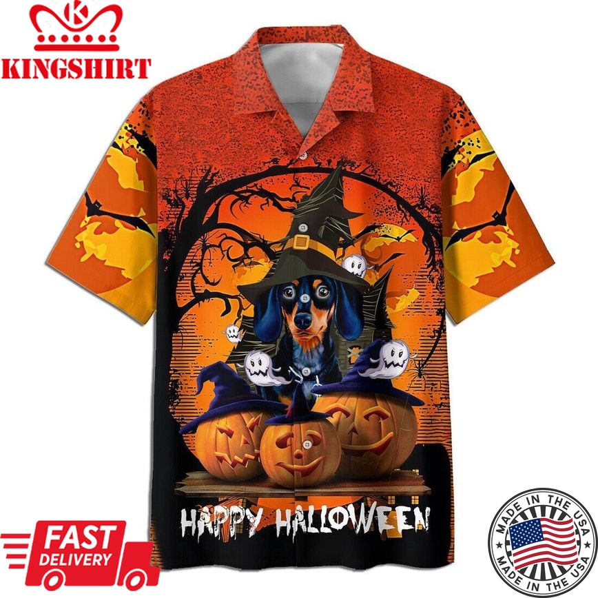 Dachshund Witch Jack O Lantern Pumpkins Halloween Trendy Hawaiian Shirt