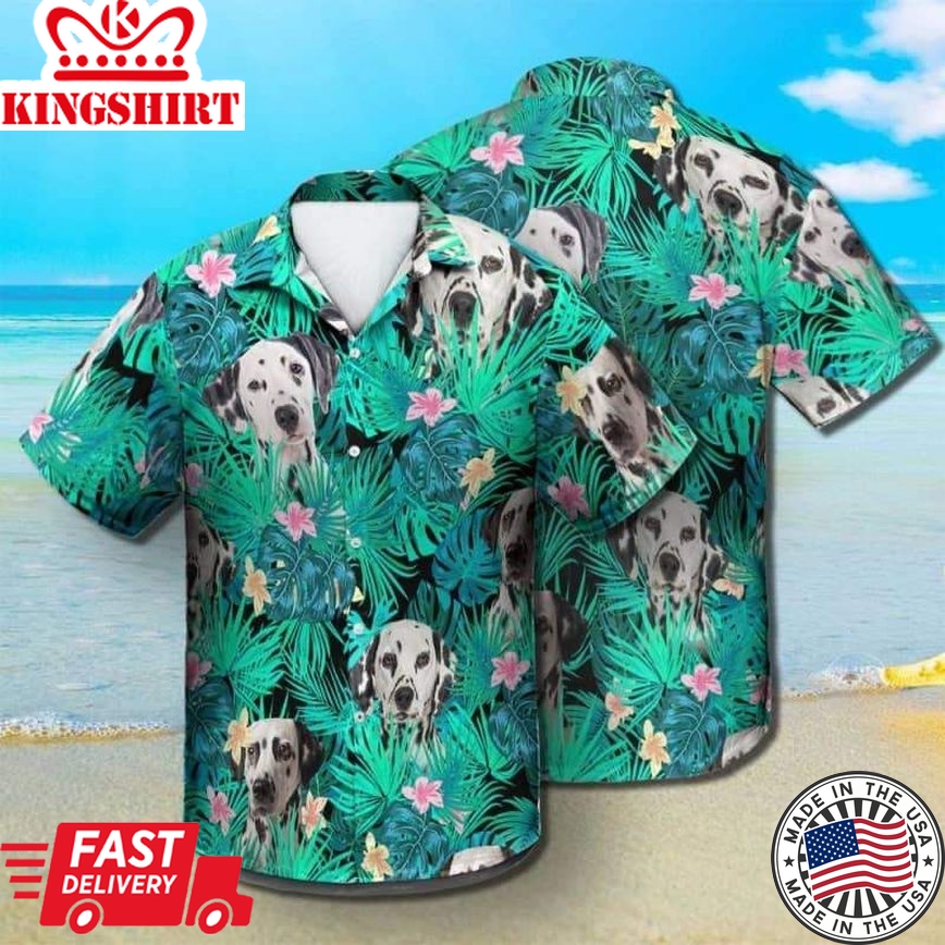 Dalmatian Dog Summer Leaves Trendy Hawaiian Shirt, Dalmatian Trendy Hawaiian Shirt, Aloha Shirt For Dog Lover Summer Gifts