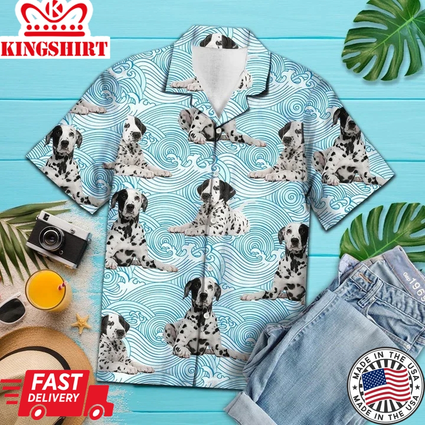 Dalmatian Lying Down On Blue Waves Pattern Trendy Hawaiian Shirt