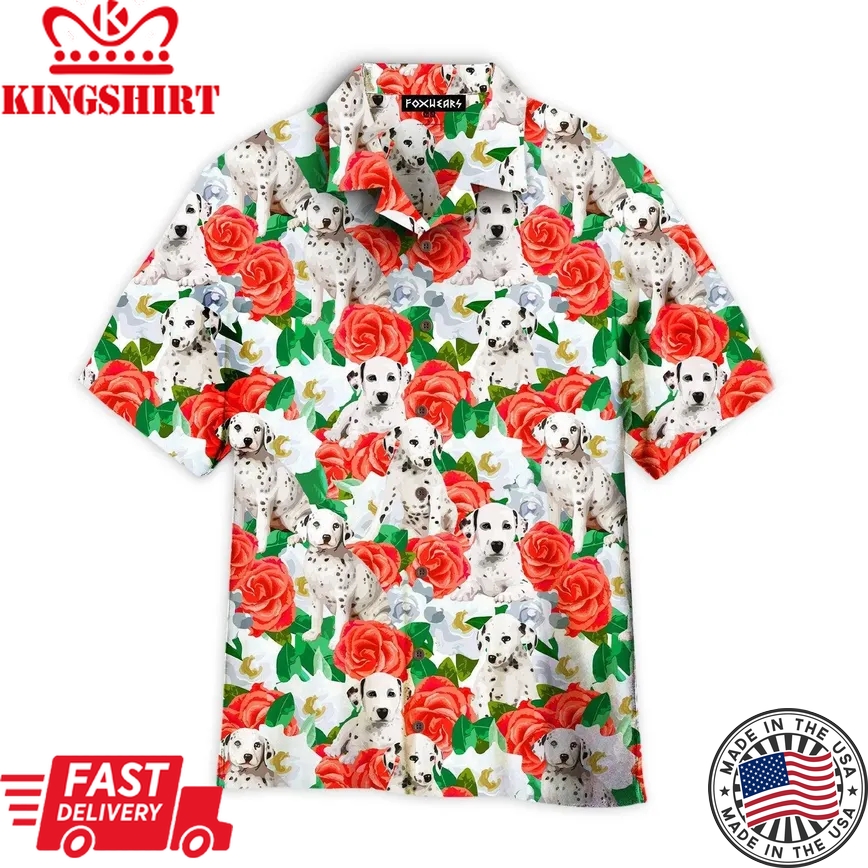 Dalmatins Dog In Red Flowers Trendy Hawaiian Shirt