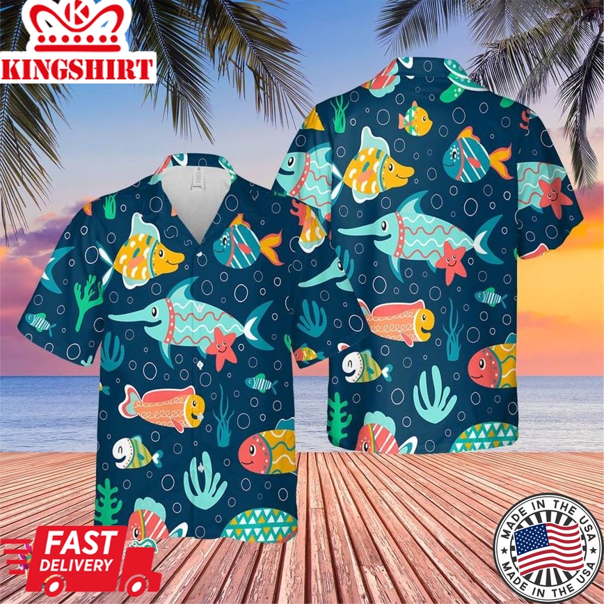 Dark Blue Color Fish Trending Hawaiian Shirt, Summer Vacation Hawaiian Shirt