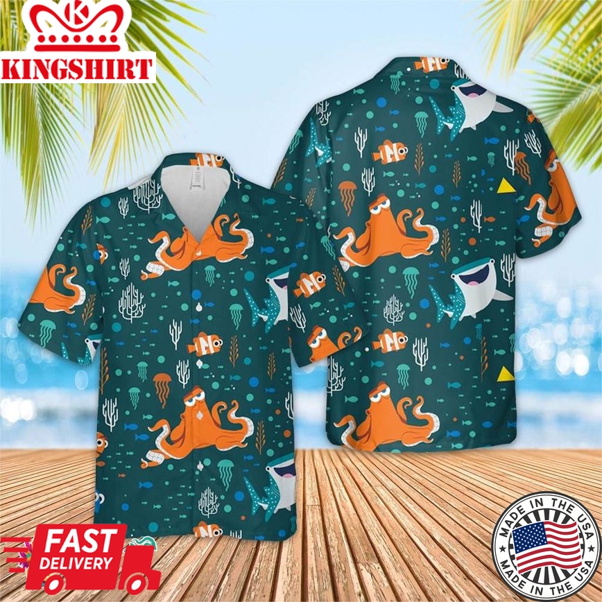 Dark Teal Disney Finding Dory Hawaiian Shirt, Short Sleeve Hawaiian Aloha Shirt, Finding Dory Shirt, Disney Birthday Hawaiian