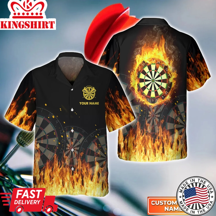 Darts Flame Personalized Name 3D Trendy Hawaiian Shirt, Darts Trendy Hawaiian Shirt For Men, Women, Darts Team Shirt