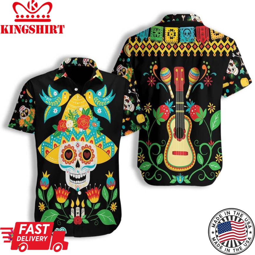 Day Of Dead Sugar Skull And Guitar Hawaiian Shirt, Funny Mexican Skull Halloween Shirt, Best Halloween Gift