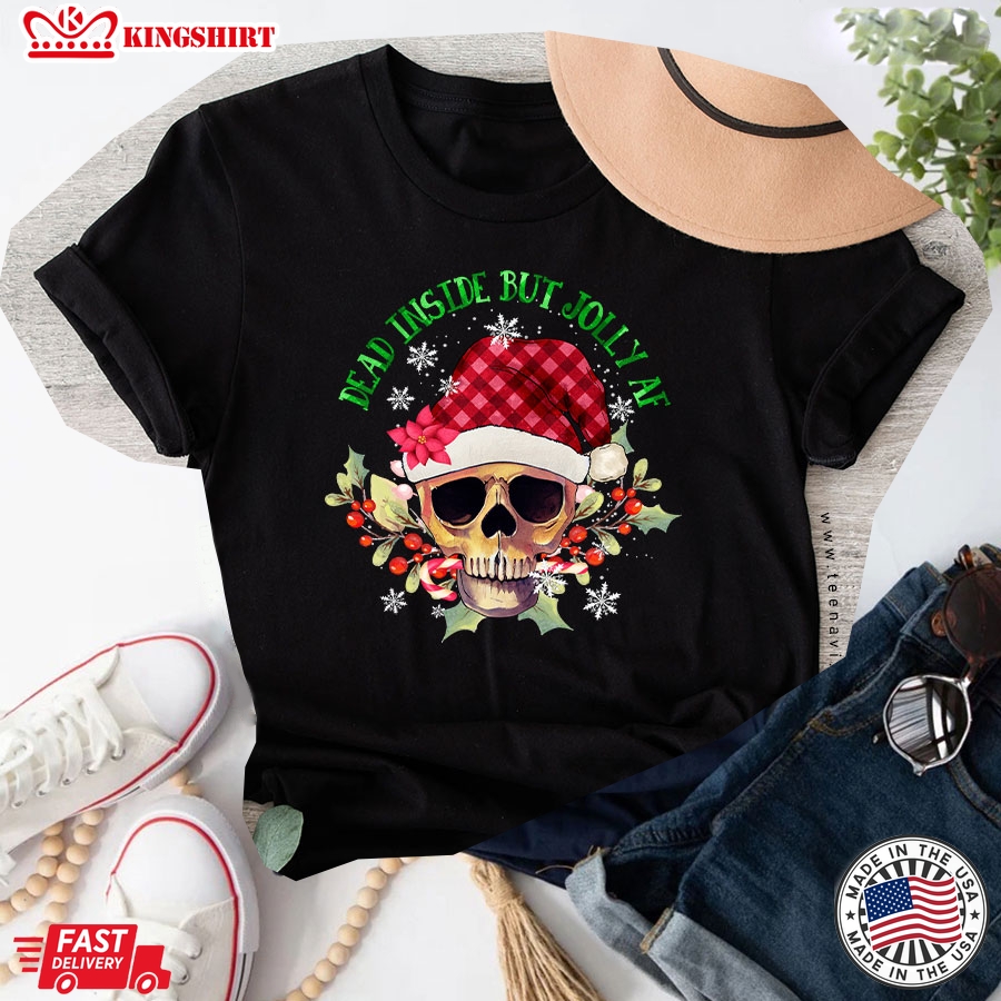 Dead Inside But Jolly Af Santa Skull Christmas T-Shirt