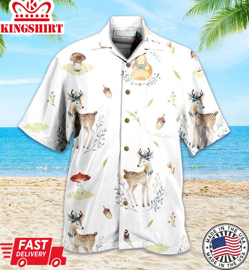 Deer And Fox White Trendy Hawaiian Shirt 3D, Fox Lover Trendy Hawaiian Shirt For Summer Gifts