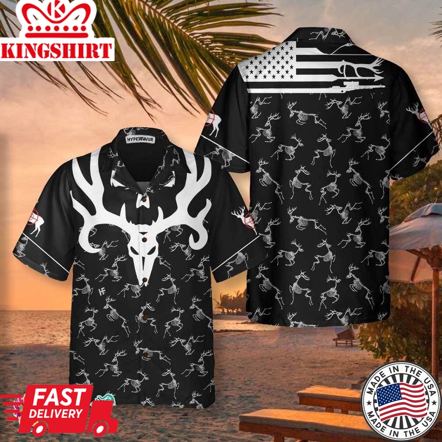 Deer Head Skull Bone America Hunting Hawaiian Shirt, Black And White Deer Hunting Shirt,