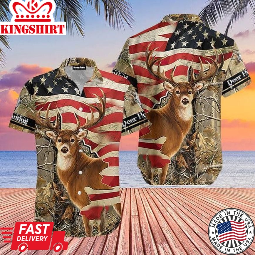 Deer Hunting America Flag Trendy Hawaiian Shirt For