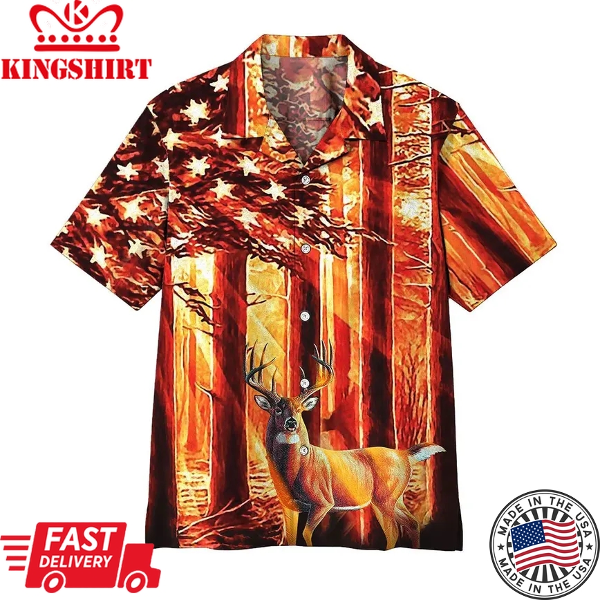 Deer Hunting Shirt Orange Deer Forest Trendy Hawaiian Shirt Hunting Aloha Shirt