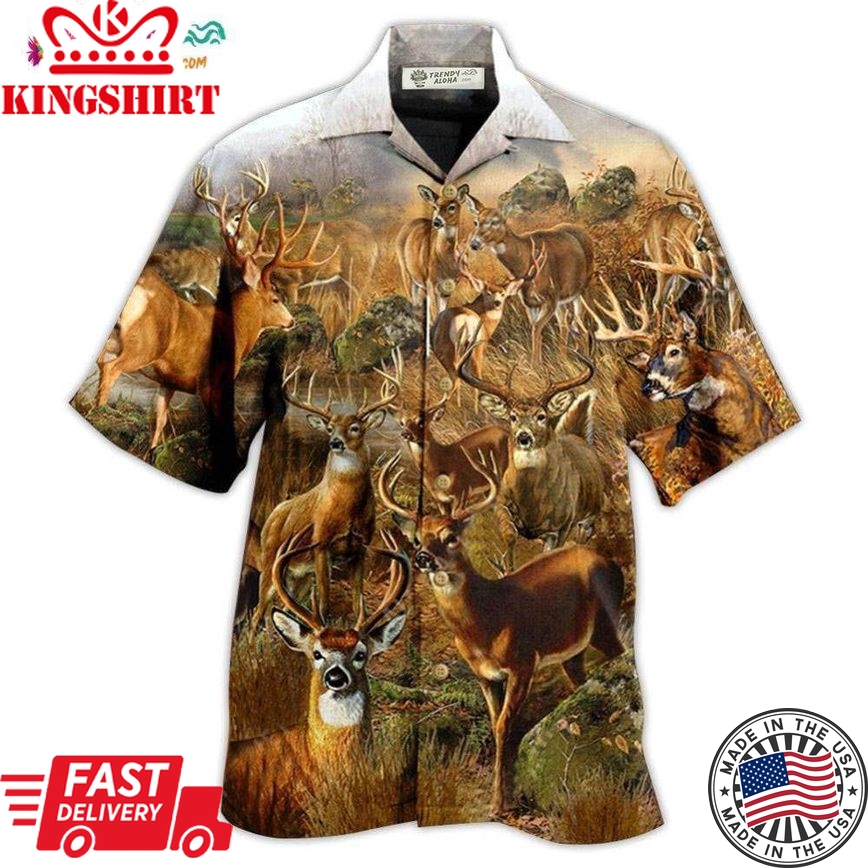 Deer In The Dry Forest With Vintage Style Hawaiian Shirt