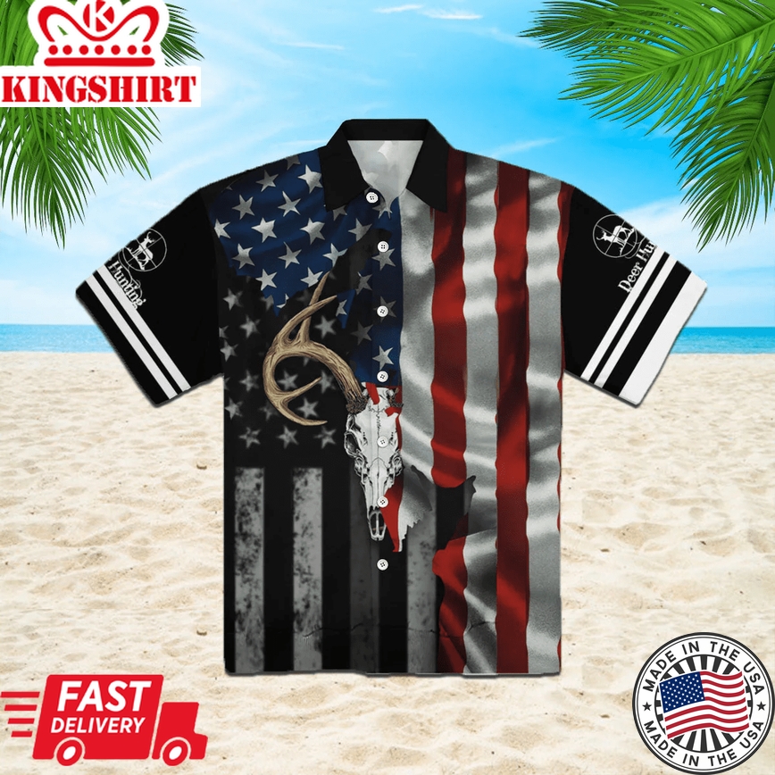 Deer Skull American Flag Trendy Hawaiian Shirt Aloha Shirt