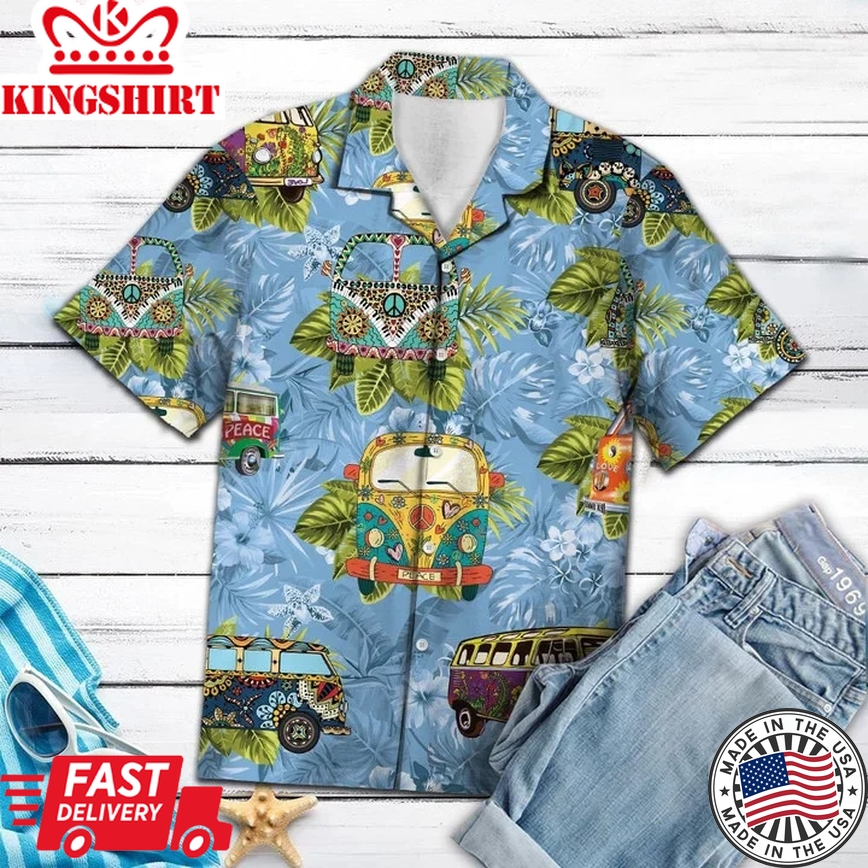 Deluxe Tropical Hippie Bus Mix Blue Theme Trendy Hawaiian Shirt