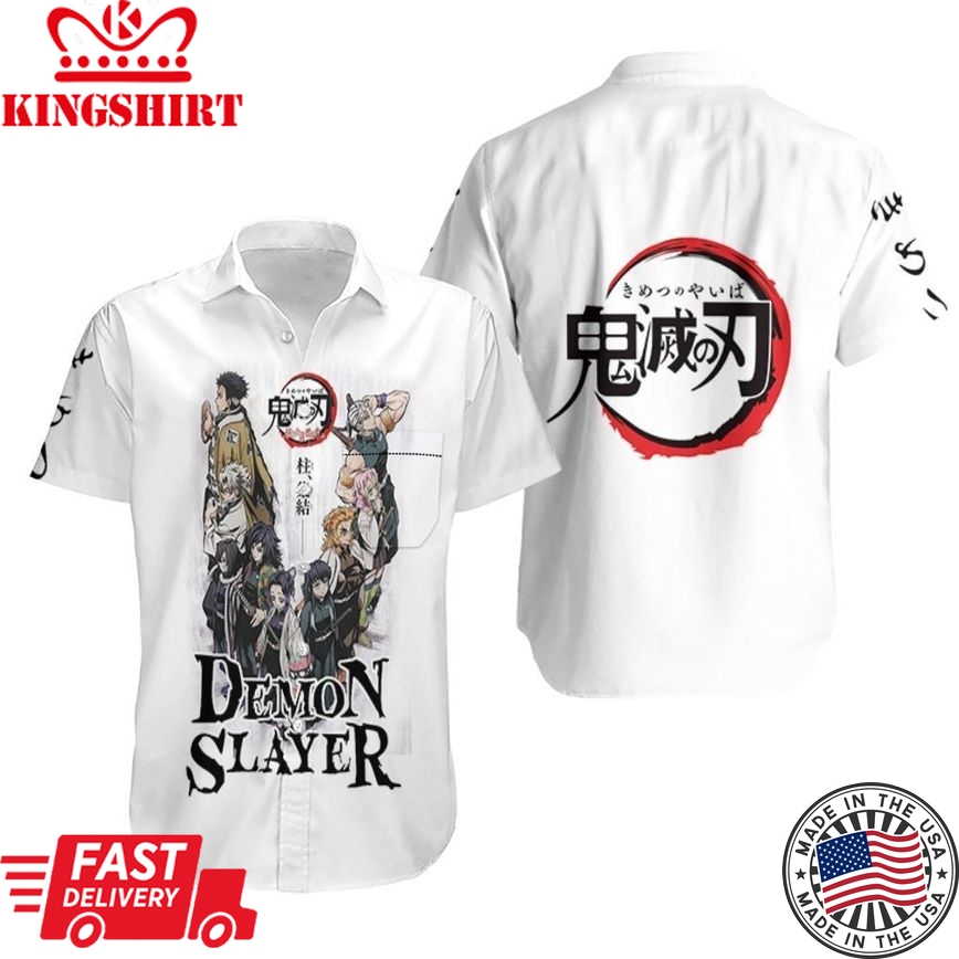 Demon Slayer Hawaii Shirt Kimetsu No Yaiba Hashira And Kisatsutai White Hawaiian Shirt Demon Slayer Aloha Shirt