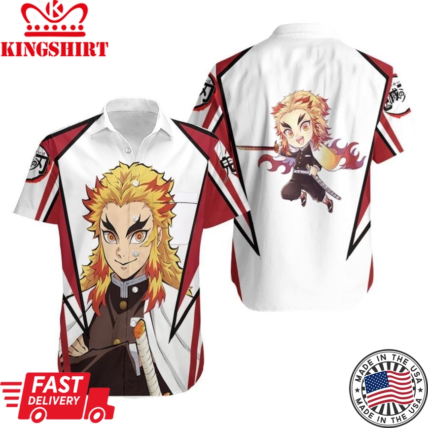 Demon Slayer Hawaii Shirt Rengoku Kyojuro Chibi Red White Hawaiian Shirt Demon Slayer Aloha Shirt