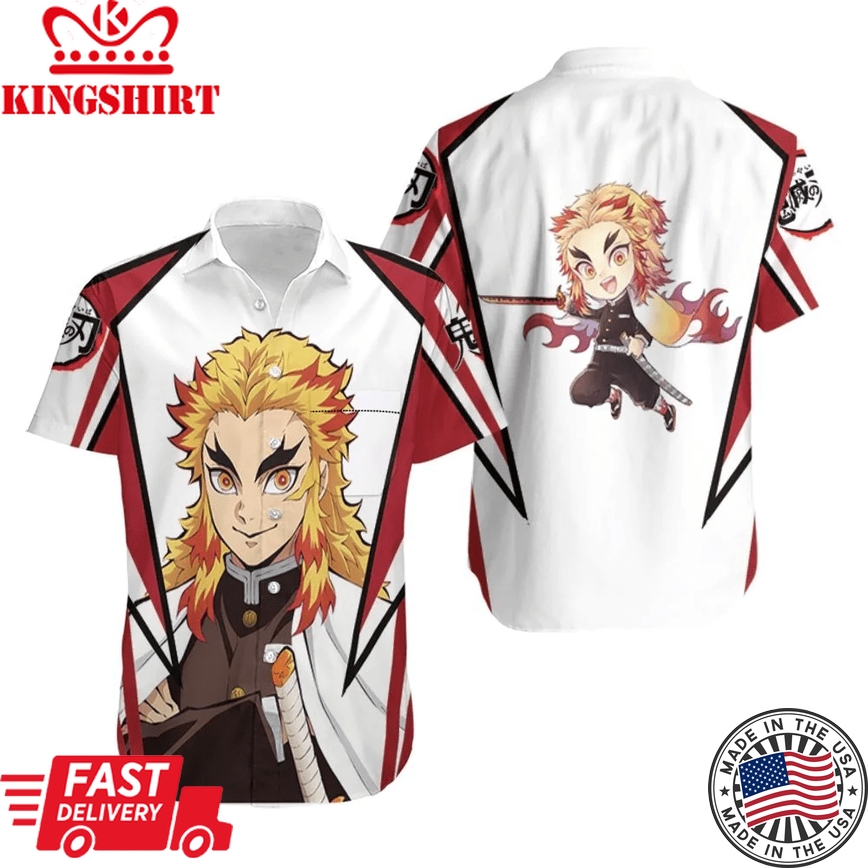 Demon Slayer Hawaii Shirt Rengoku Kyojuro Chibi Red White Trendy Hawaiian Shirt Demon Slayer Aloha Shirt