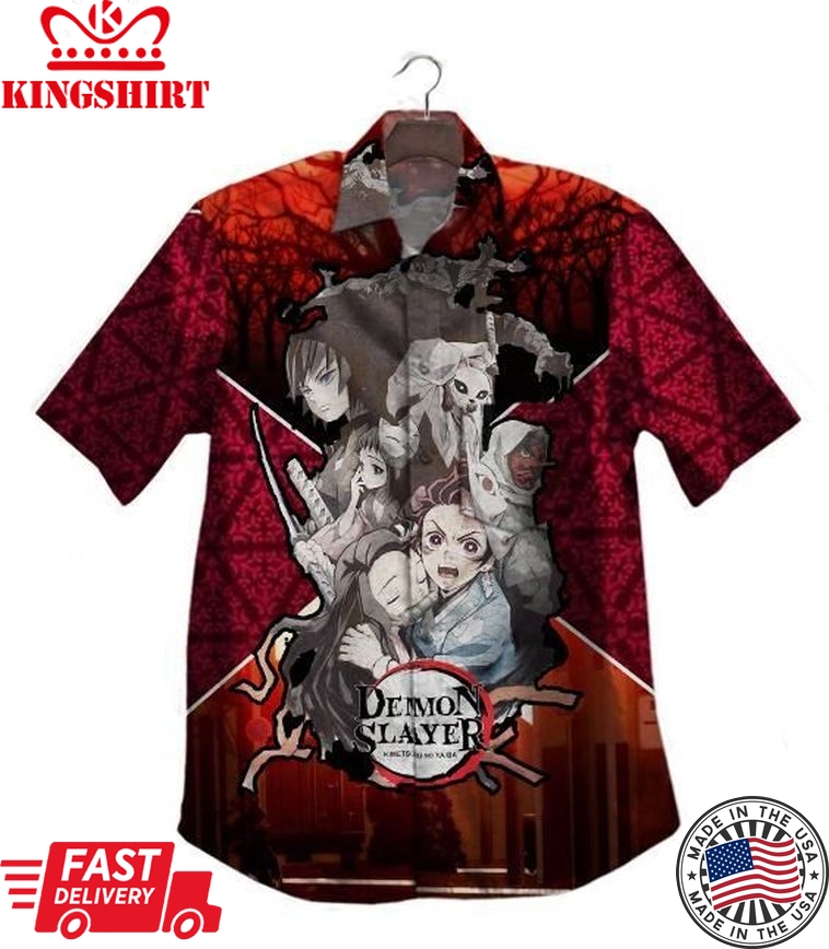 Demon Slayer Hawaii Shirt Tanjiro Nezuko Giyu Tomioka Red Grey Kimetsu No Yaiba Logo Hawaiian Shirt Demon Slayer Aloha Shirt