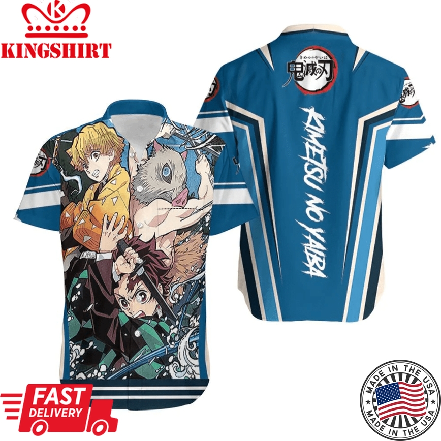 Demon Slayer Hawaii Shirt Tanjiro Zenitsu Inosuke Blue Kimetsu No Yaiba Trendy Hawaiian Shirt Demon Slayer Aloha Shirt