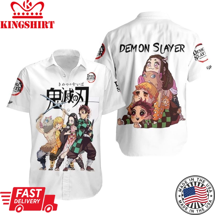 Demon Slayer Hawaiian Shirt Chibi Tanjiro Nezuko Zenitsu Inosuke Kimetsu No Yaiba Logo Hawaii Shirt Demon Slayer Aloha Shirt