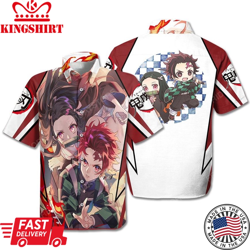 Demon Slayer Hawaiian Shirt Tanjiro Nezuko Cool And Chibi White Red Hawaii Shirt Demon Slayer Aloha Shirt