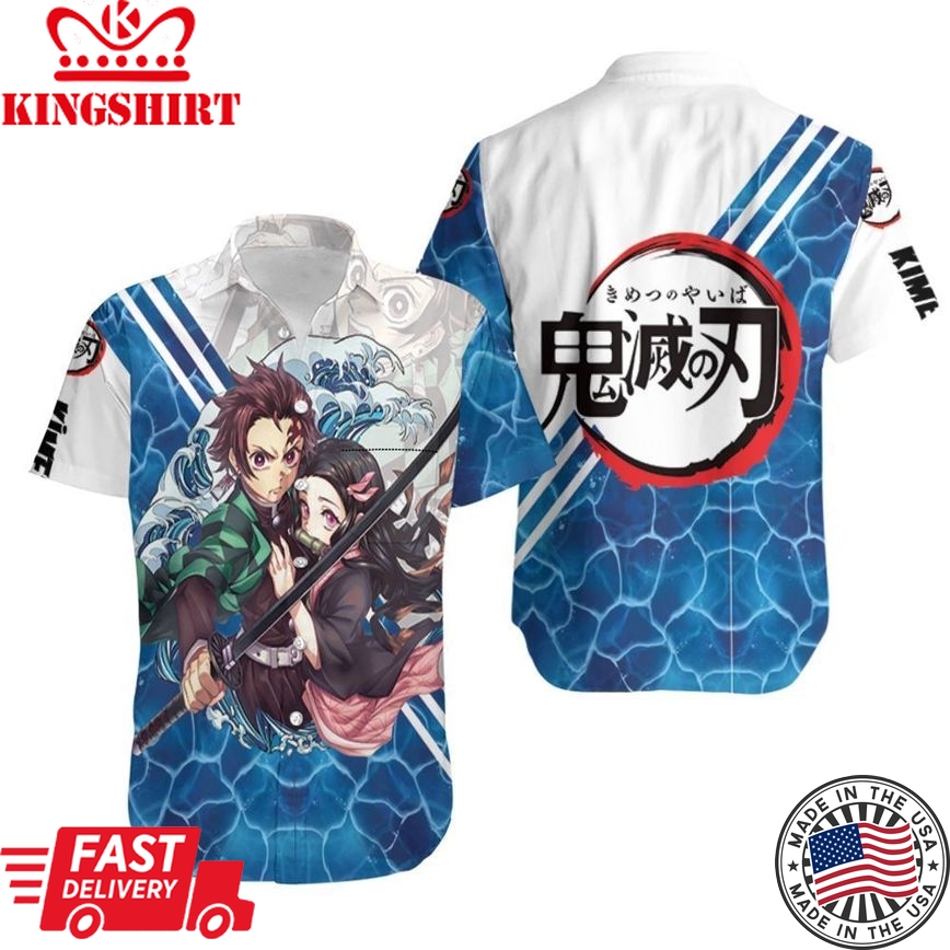 Demon Slayer Hawaiian Shirt Tanjiro Nezuko Kamado Ocean Blue Kimetsu No Yaiba Logo Hawaii Shirt Demon Slayer Aloha Shirt