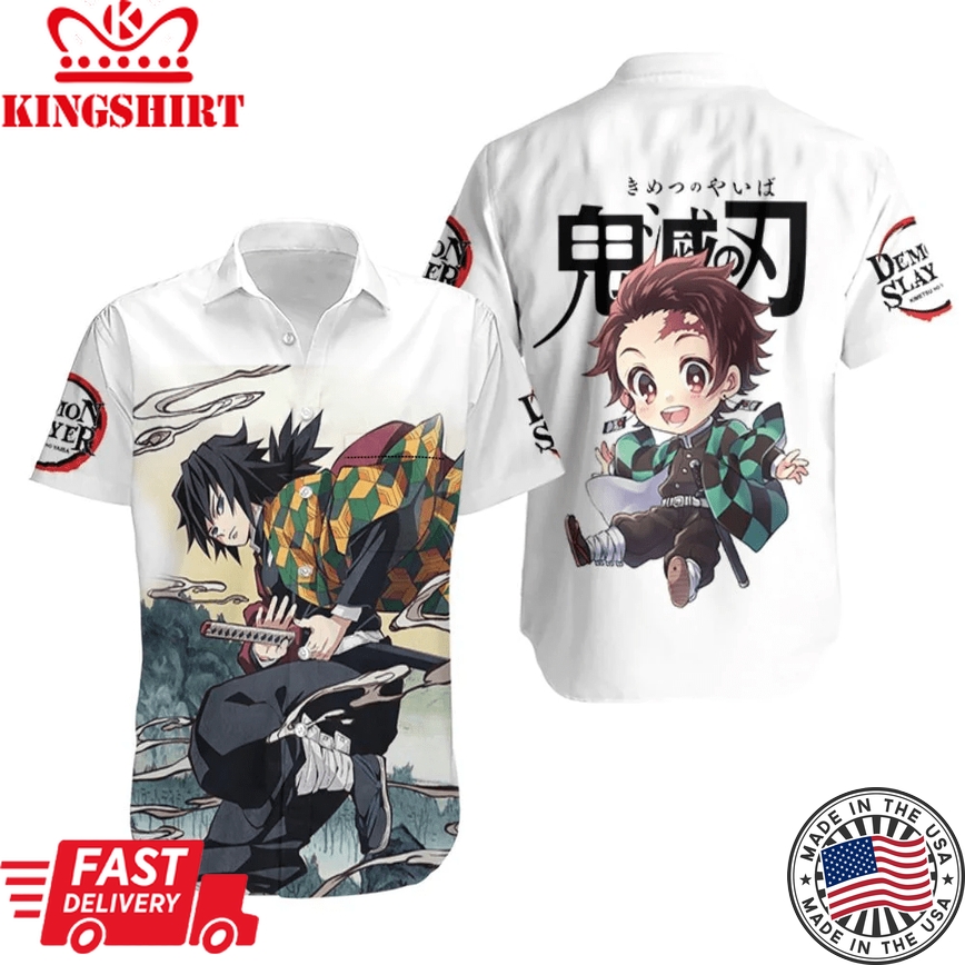 Demon Slayer Trendy Hawaiian Shirt Giyu Tomioka Chibi Tanjiro White Kimetsu No Yaiba Logo Hawaii Shirt Demon Slayer Aloha Shirt