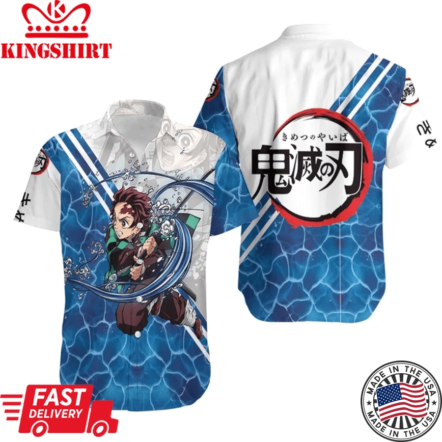 Demon Slayer Trendy Hawaiian Shirt Tanjiro Kamado Water Breathing Ocean Blue Kimetsu No Yaiba Logo Hawaii Shirt Demon Slayer Aloha Shirt