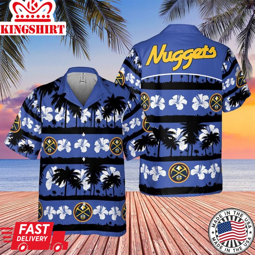 Denver Nuggets White Hibiscus Flower On Blue Background Print Hawaiian Shirt