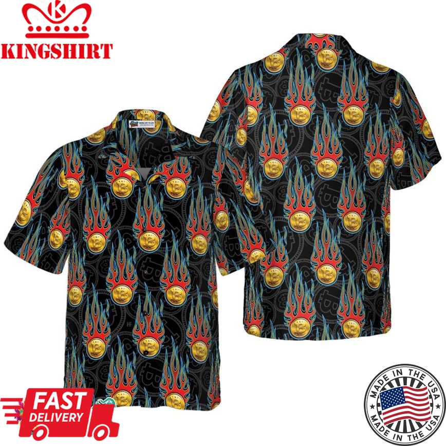 Digital Bitcoin Crypto Currency Pattern With Hotrod Flame Hawaiian Shirt