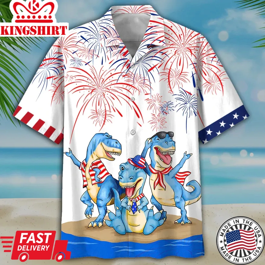 Dinosaur 4Th Of July Trendy Hawaiian Shirt- Independence Day Trendy Hawaiian Shirt, Usa Patriotic Trendy Hawaiian Shirt