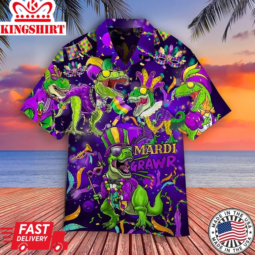 Dinosaur Happy Mardi Gras Trendy Hawaiian Shirts Fullsize For Men And Women