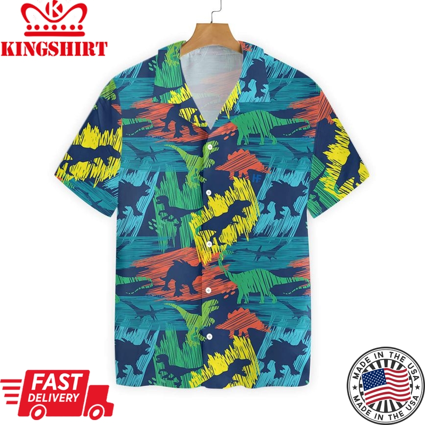 Dinosaur Hawaiian Shirt Hand-Drawn Color Dinosaur Hawaii Shirt