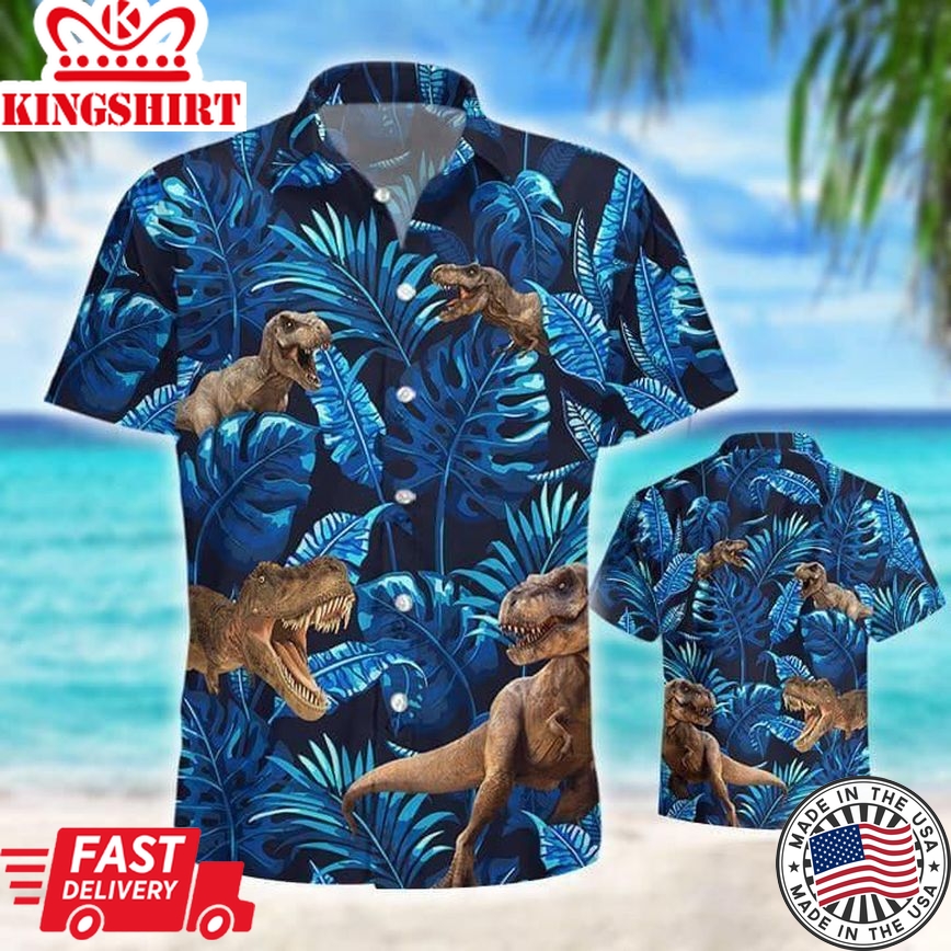 Dinosaur Hawaiian Shirt T-Rex Tropical Pattern Blue Hawaii Aloha Shirt