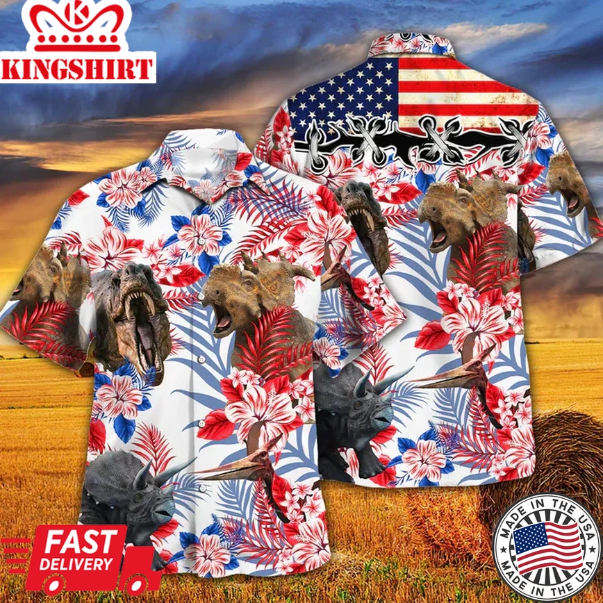 Dinosaur Lovers American Flag Trendy Hawaiian Shirt, Dinosaur Aloha Trendy Hawaiian Shirt, Flowers Aloha Shirt For Men, Women