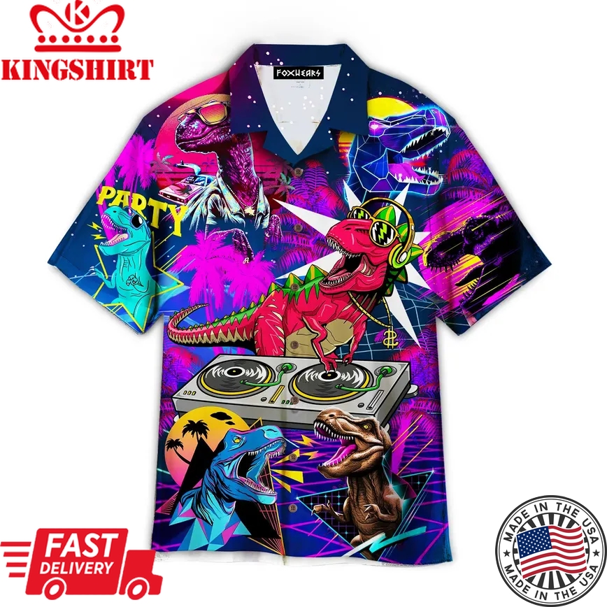 Dinosaur T-Rex Neon Dj Party Trendy Hawaiian Shirt