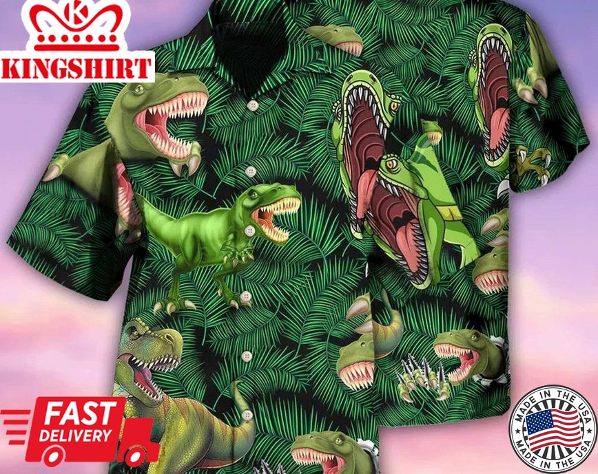 Dinosaur World Summer Green Leaf - Trendy Hawaiian Shirt, Hawaii Shirt Party Summer, Tropical Beach Shirt Button Down Shirt, Beach Party Gifts.