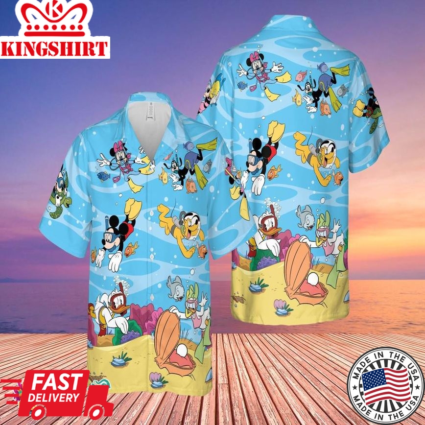 Disney Dive Mickey And Minnie Mouse Hawaiian Summer Shirt, Disney World Gift, Mickey And Friends Family Vacation Hawaiian Shirt