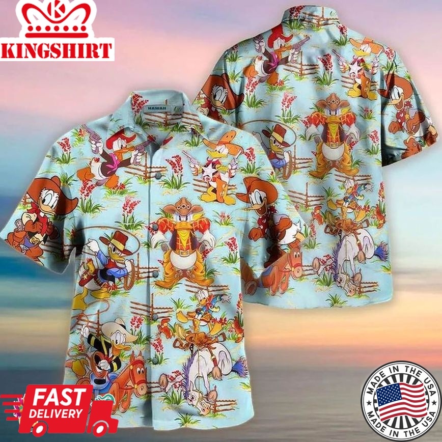 Disney Donald Duck Cowboy Summer Holiday Family Aloha Hawaiian Beach Shirt