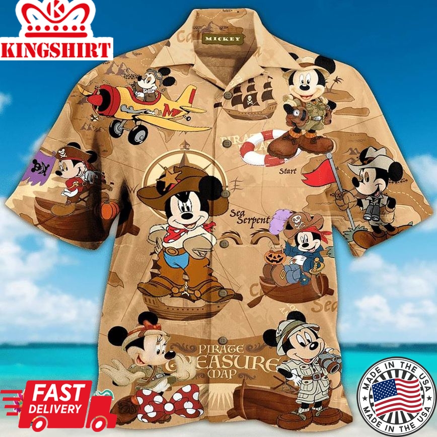 Disney Pirates Mickey Mouse Treasure Map Summer Holiday Family Aloha Hawaiian Beach Shirt