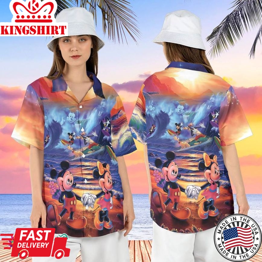 Disneyland Mickey And Friends Sunset Hawaiian Shirt, Disneyland Summer Beach Trip Shirt, Disneyland Beach Surfing Party Shirt