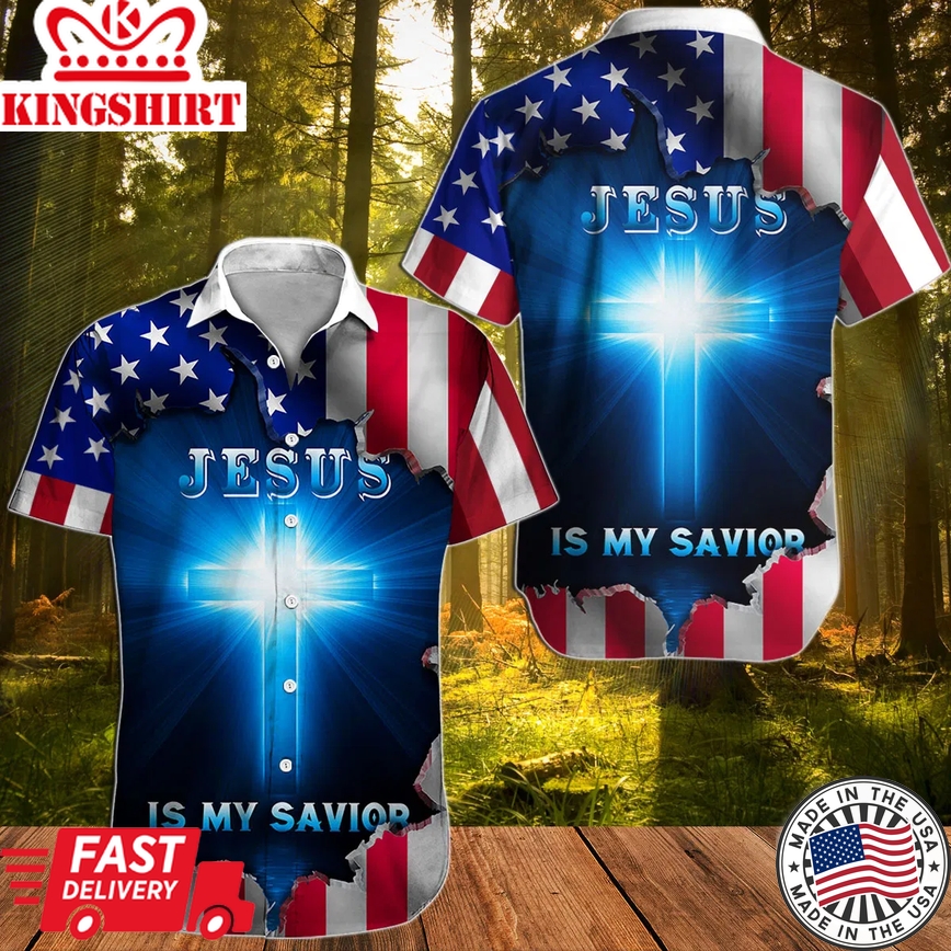 Divine Tropics: Jesus God's Heavenly Embrace on Hawaiian Shirt