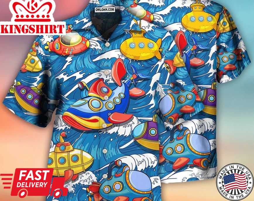 Diving Submarine Wave Art Style, Hawaii Shirt Party Summer, Tropical Beach Shirt Button Down Shirt, Best Gifts For Men, Hawaiian Set Gift.